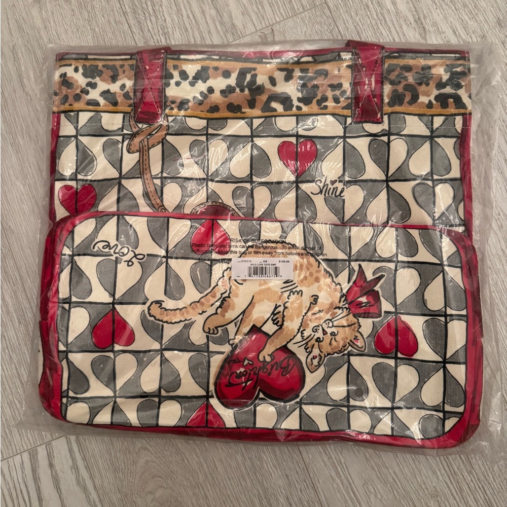 Brand New Valentine Gift: Stylish Cat Print Tote Bag - Red and Cream